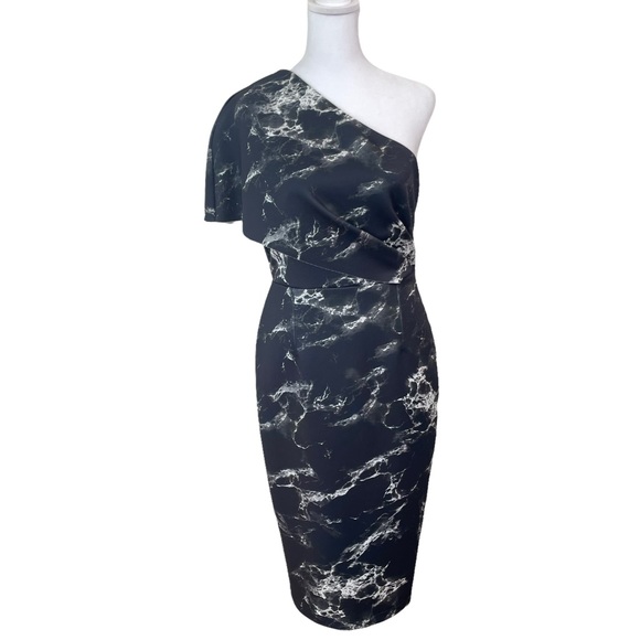ASOS One Shoulder Black Marble Printed Midi Cocktail Dress Size 8 - Picture 2 of 16